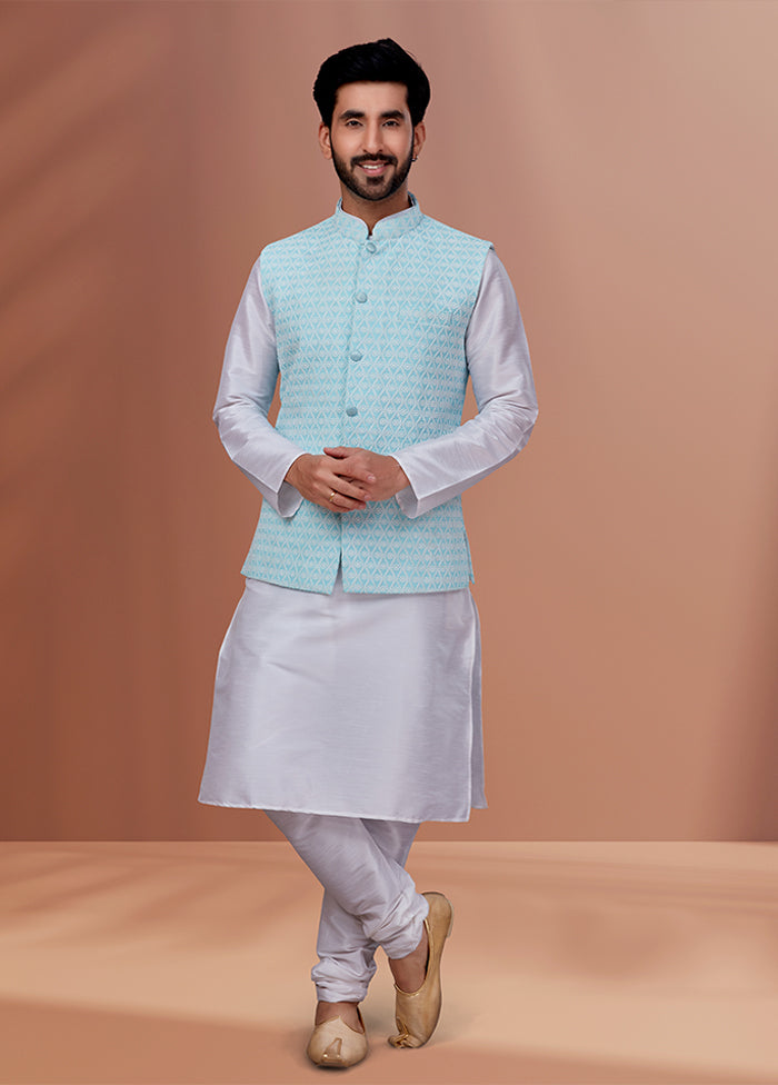 3 Pc White Georgette Kurta Pajama with Jacket Set
