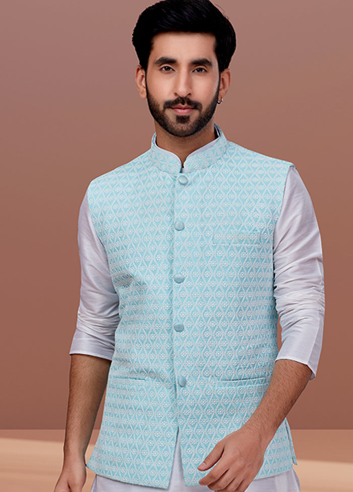3 Pc White Georgette Kurta Pajama with Jacket Set