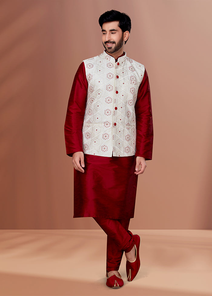 3 Pc Maroon Cotton Kurta Pajama with Jacket Set