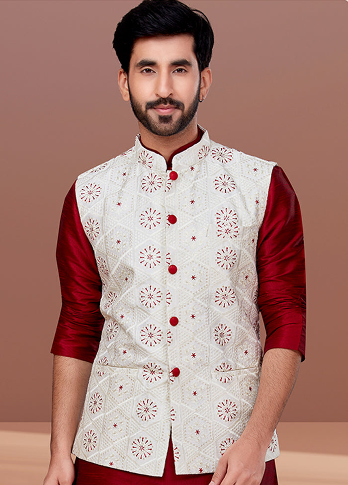3 Pc Maroon Cotton Kurta Pajama with Jacket Set
