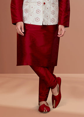 3 Pc Maroon Cotton Kurta Pajama with Jacket Set