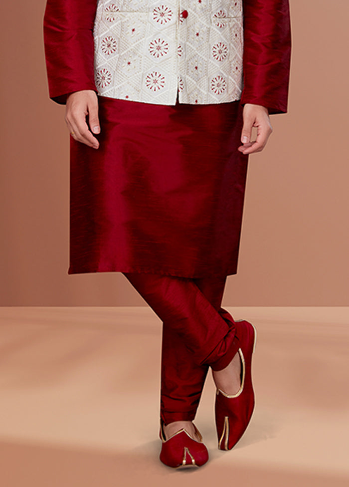 3 Pc Maroon Cotton Kurta Pajama with Jacket Set