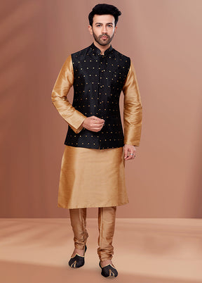 3 Pc Brown Silk Kurta Pajama with Jacket Set
