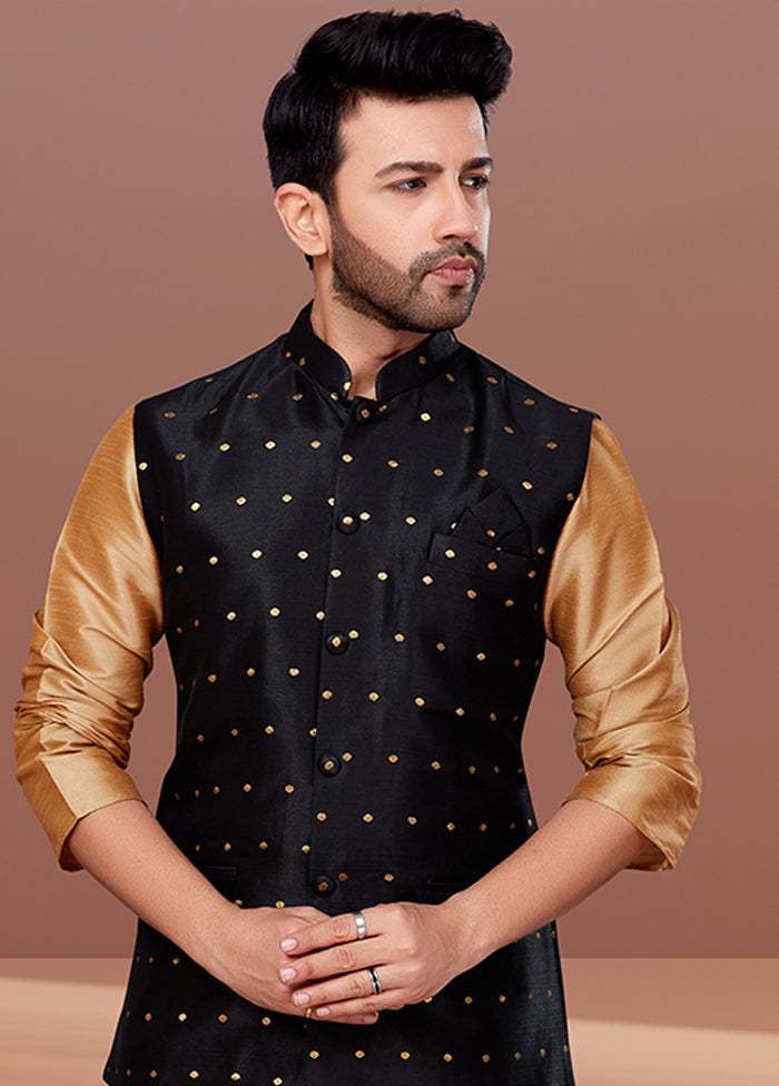 3 Pc Brown Silk Kurta Pajama with Jacket Set