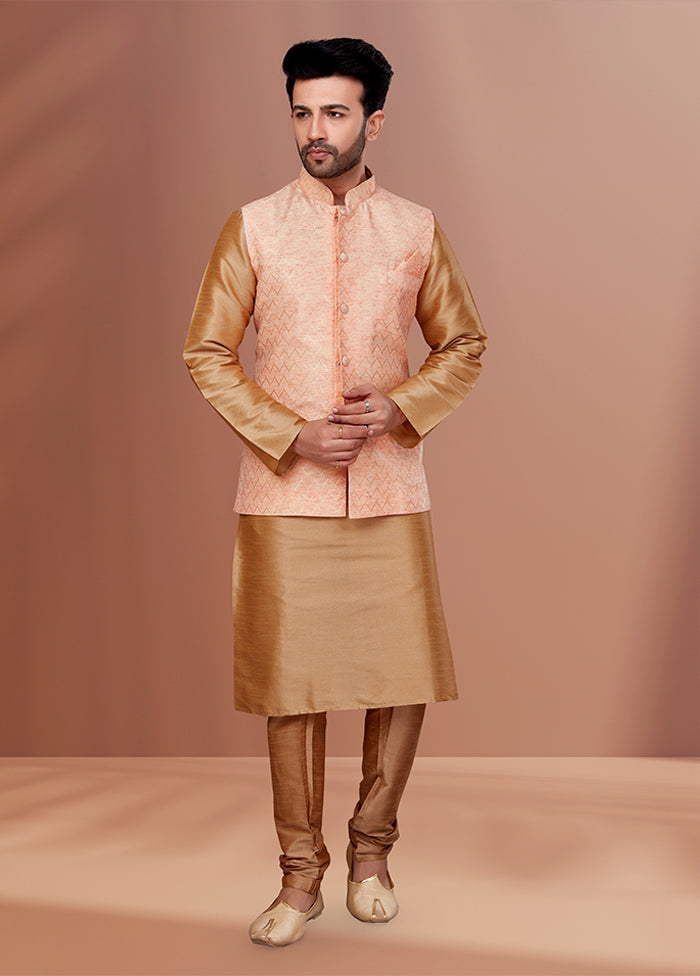 3 Pc Brown Silk Kurta Pajama with Jacket Set