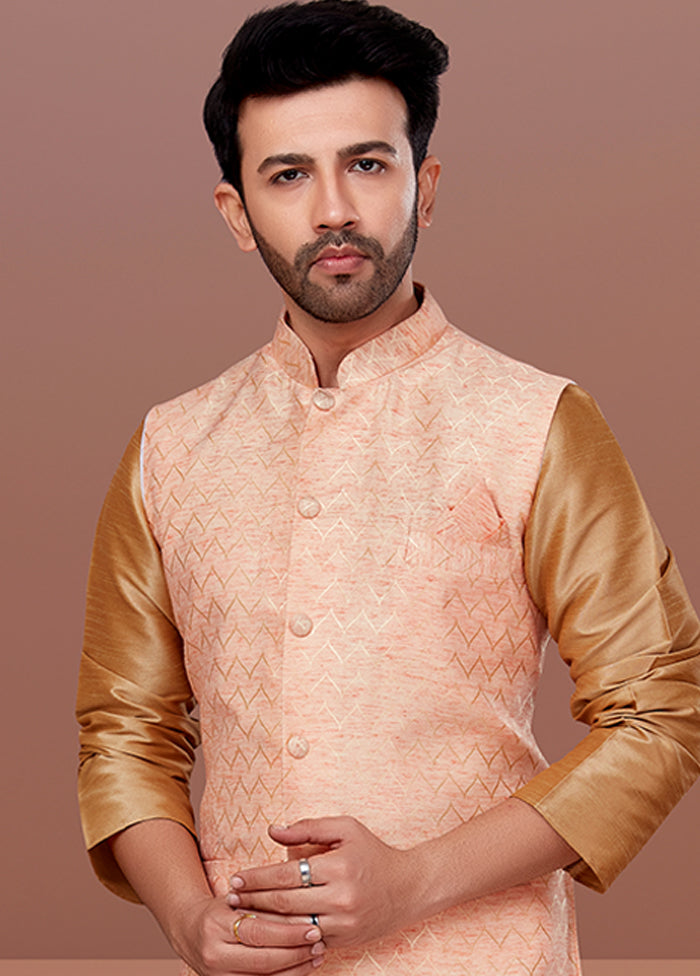 3 Pc Brown Silk Kurta Pajama with Jacket Set