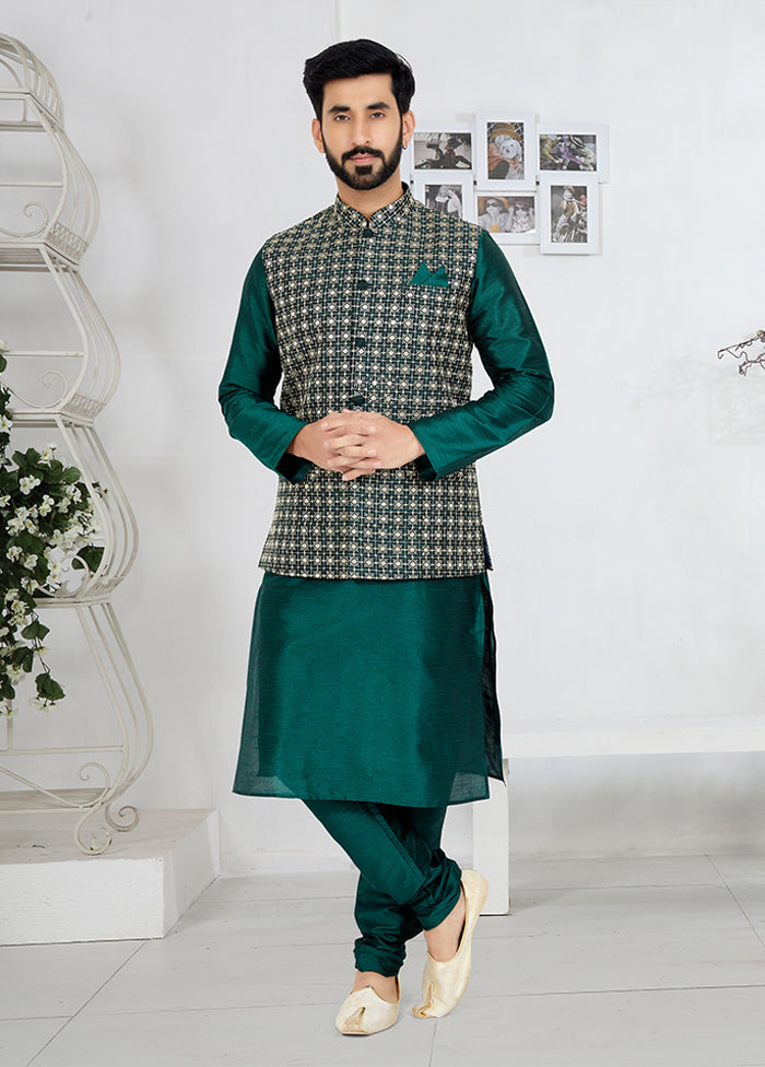 3 Pc Green Silk Kurta Pajama with Jacket Set