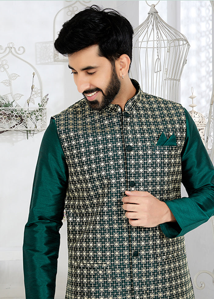 3 Pc Green Silk Kurta Pajama with Jacket Set