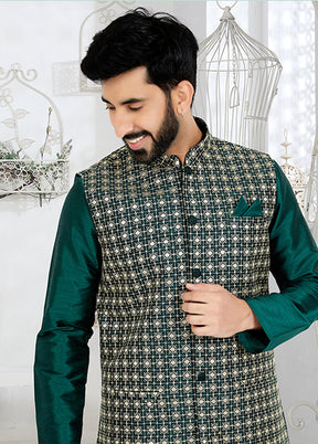 3 Pc Green Silk Kurta Pajama with Jacket Set
