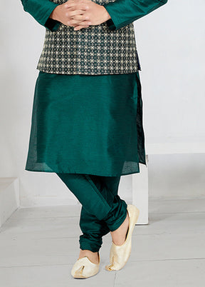 3 Pc Green Silk Kurta Pajama with Jacket Set