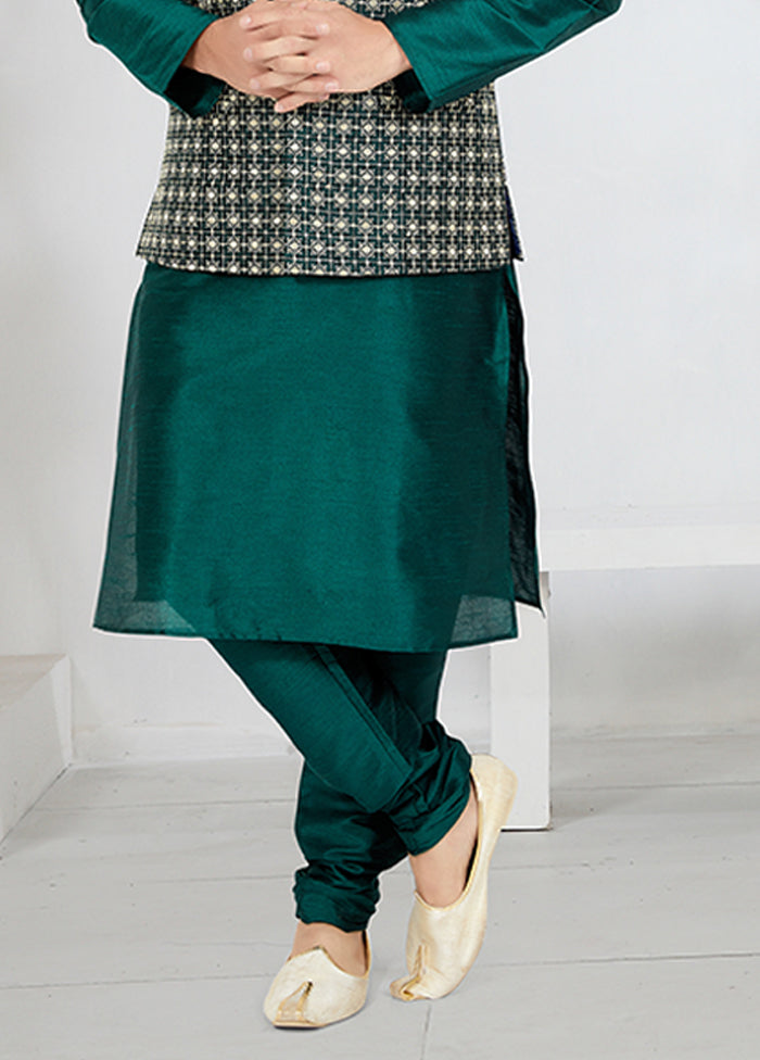 3 Pc Green Silk Kurta Pajama with Jacket Set