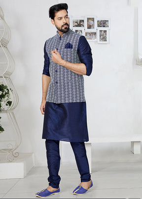 3 Pc Blue Silk Kurta Pajama with Jacket Set