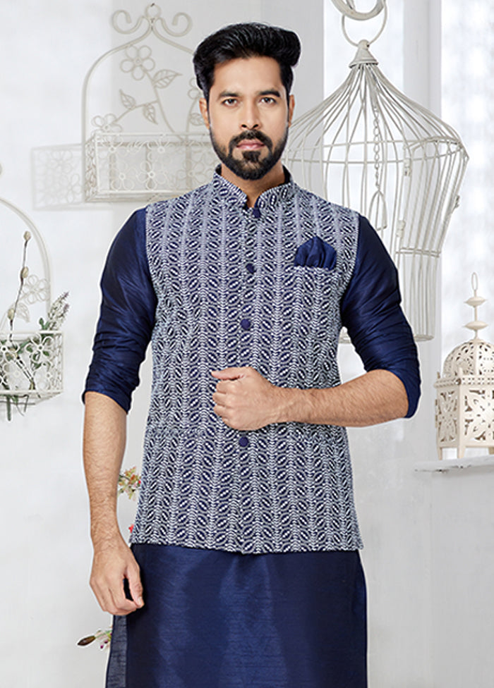 3 Pc Blue Silk Kurta Pajama with Jacket Set