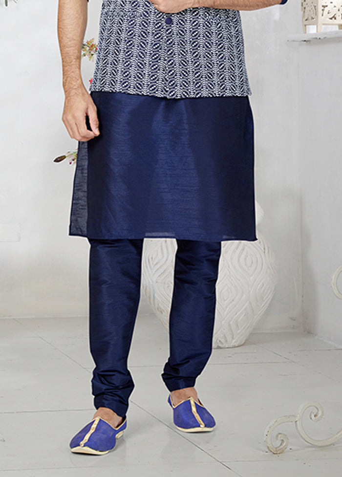 3 Pc Blue Silk Kurta Pajama with Jacket Set