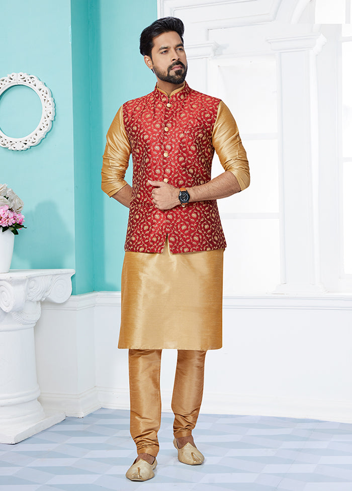 3 Pc Brown Silk Kurta Pajama with Jacket Set