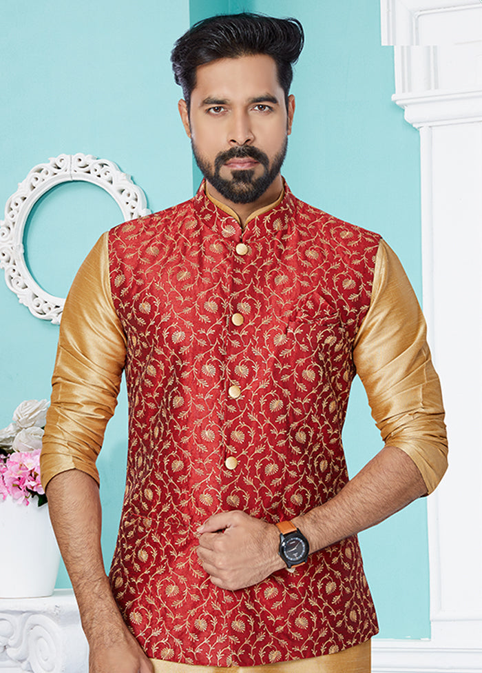3 Pc Brown Silk Kurta Pajama with Jacket Set