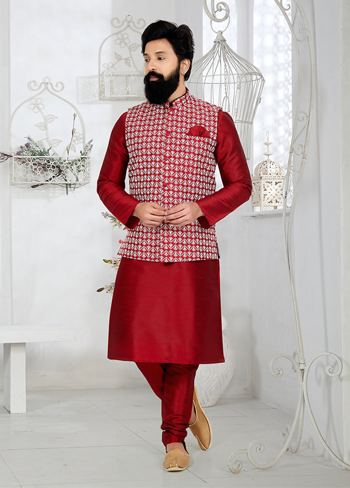 3 Pc Maroon Silk Kurta Pajama with Jacket Set