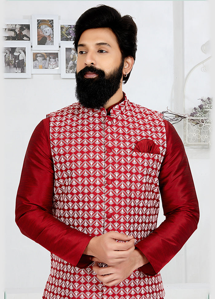 3 Pc Maroon Silk Kurta Pajama with Jacket Set