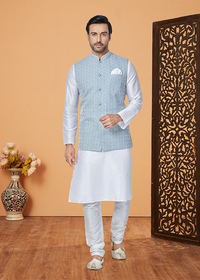 3 Pc White Silk Kurta Pajama with Jacket Set