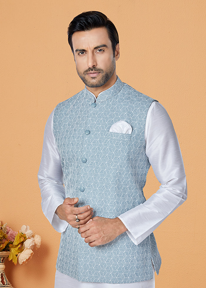 3 Pc White Silk Kurta Pajama with Jacket Set