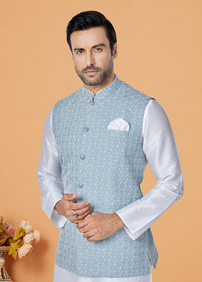 3 Pc White Silk Kurta Pajama with Jacket Set