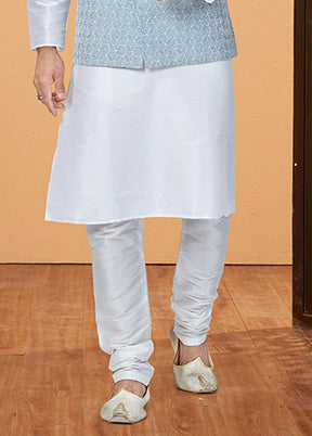 3 Pc White Silk Kurta Pajama with Jacket Set