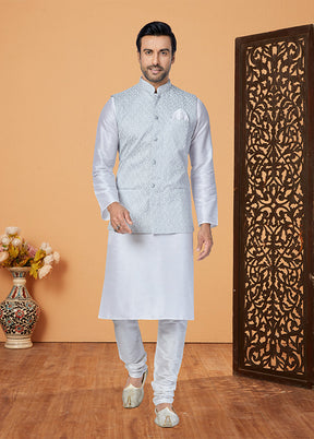 3 Pc White Silk Kurta Pajama with Jacket Set
