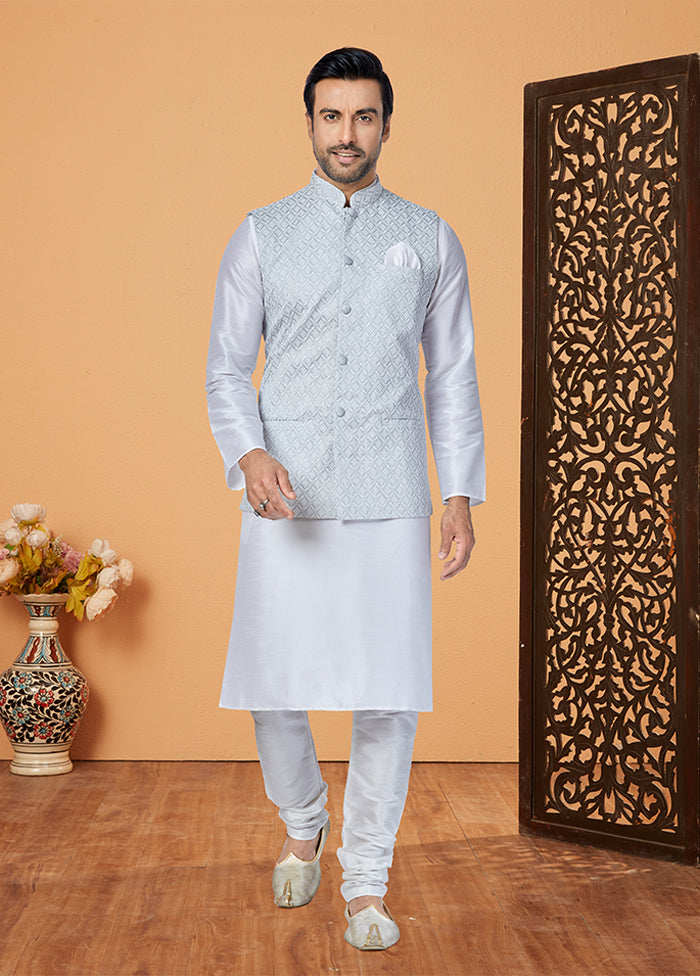 3 Pc White Silk Kurta Pajama with Jacket Set