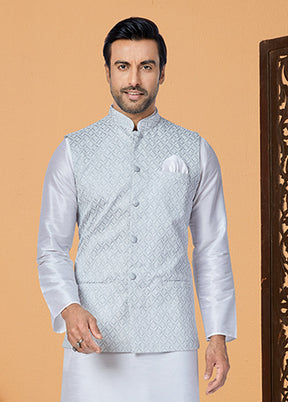 3 Pc White Silk Kurta Pajama with Jacket Set