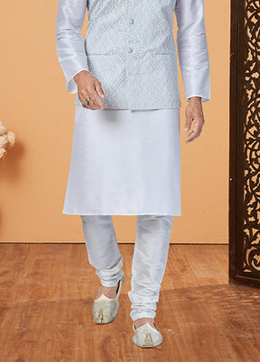 3 Pc White Silk Kurta Pajama with Jacket Set