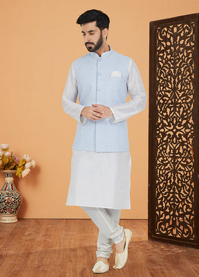 3 Pc White Silk Kurta Pajama with Jacket Set