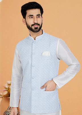 3 Pc White Silk Kurta Pajama with Jacket Set