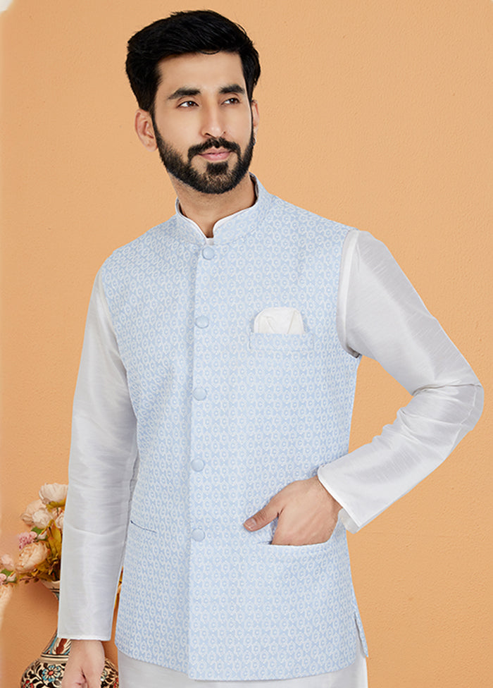3 Pc White Silk Kurta Pajama with Jacket Set