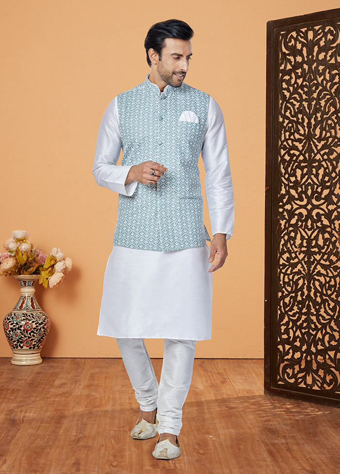 3 Pc White Silk Kurta Pajama with Jacket Set