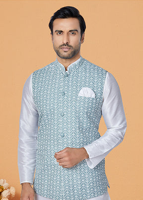 3 Pc White Silk Kurta Pajama with Jacket Set