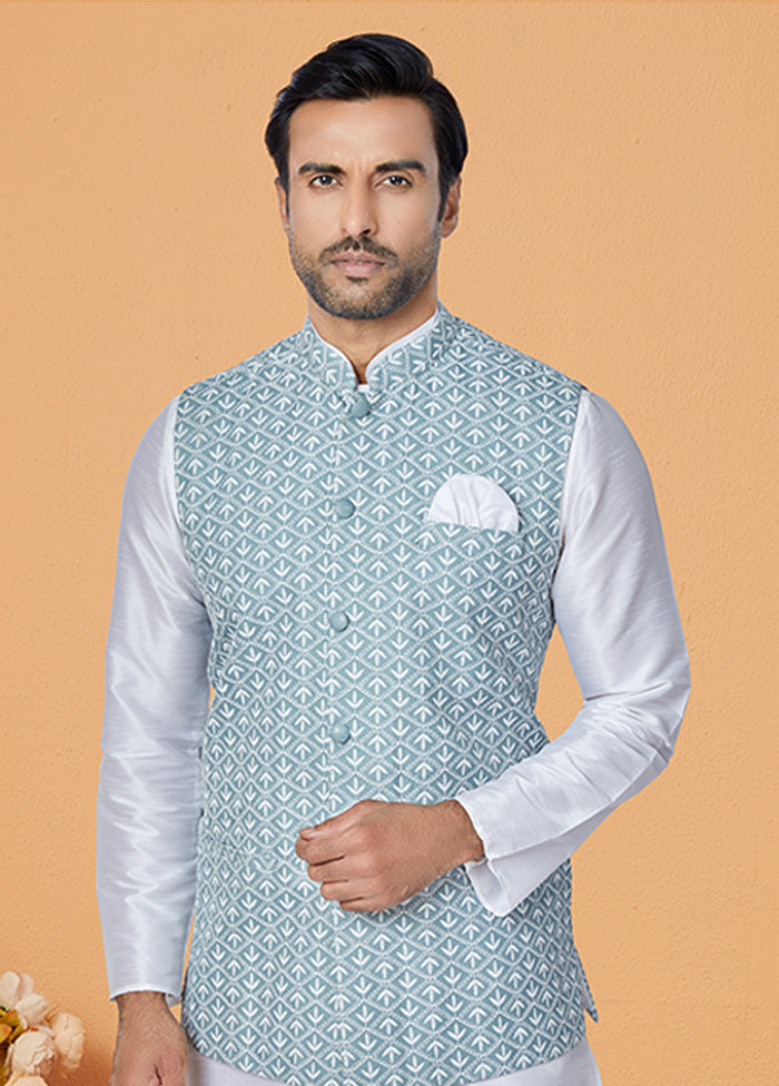 3 Pc White Silk Kurta Pajama with Jacket Set