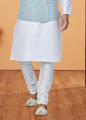 3 Pc White Silk Kurta Pajama with Jacket Set