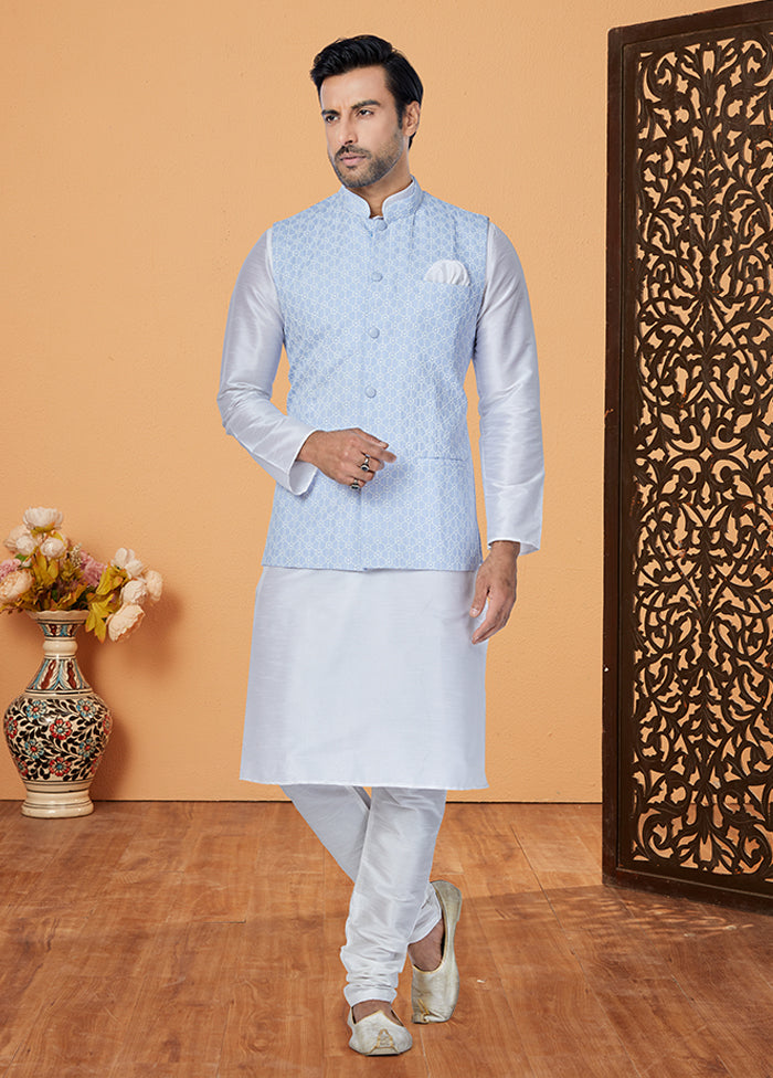 3 Pc White Silk Kurta Pajama with Jacket Set