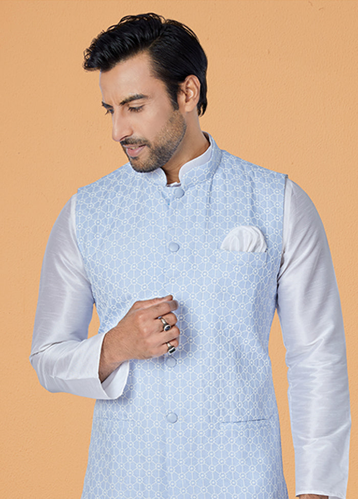3 Pc White Silk Kurta Pajama with Jacket Set