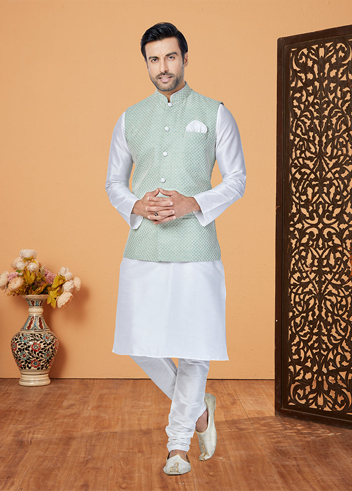 3 Pc White Silk Kurta Pajama with Jacket Set