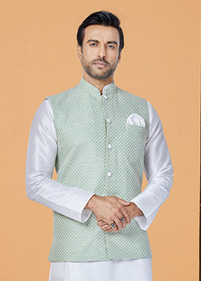 3 Pc White Silk Kurta Pajama with Jacket Set