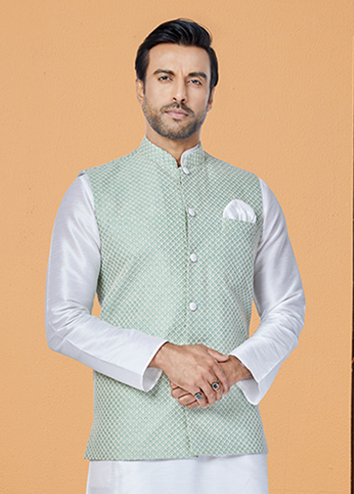 3 Pc White Silk Kurta Pajama with Jacket Set