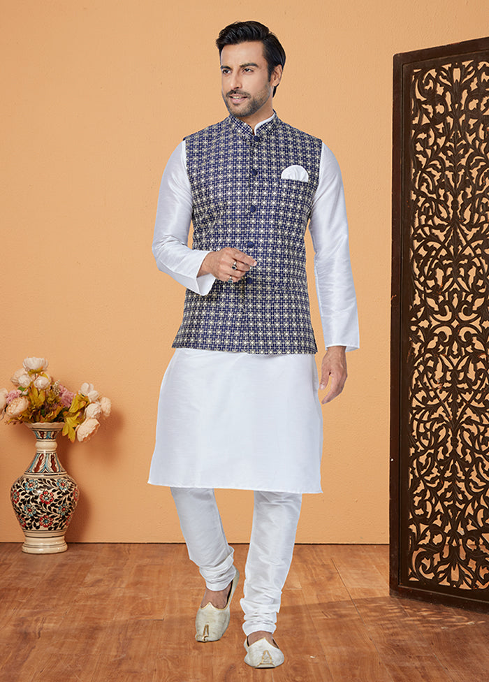3 Pc White Silk Kurta Pajama with Jacket Set