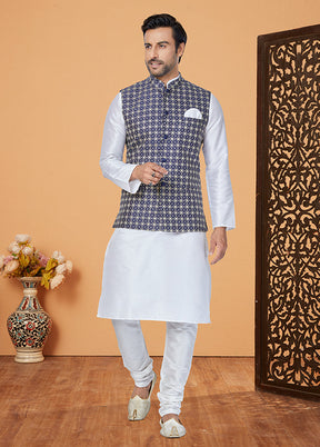 3 Pc White Silk Kurta Pajama with Jacket Set