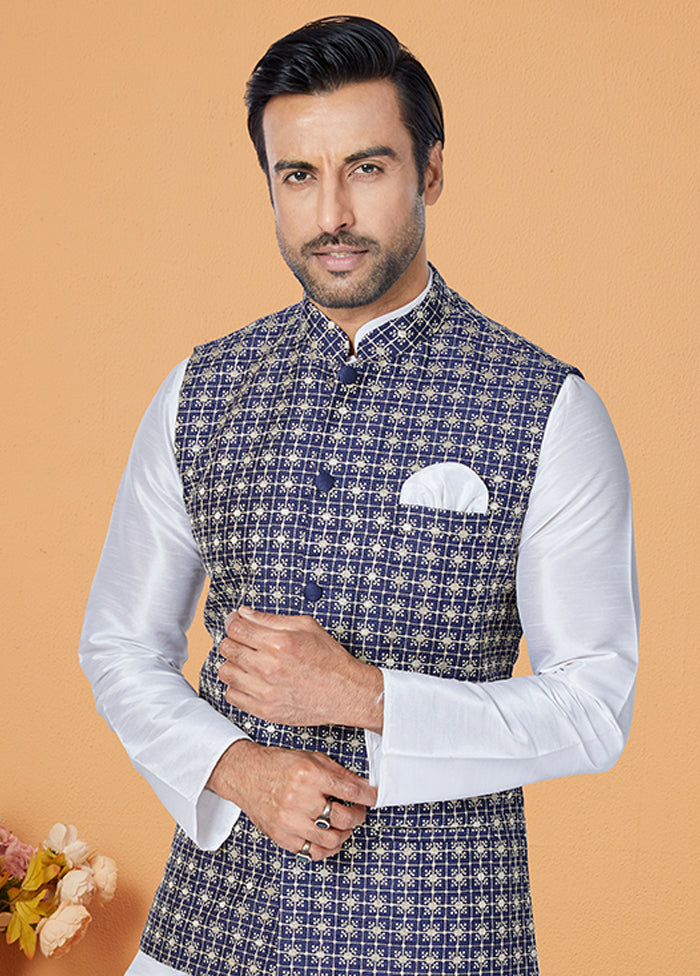 3 Pc White Silk Kurta Pajama with Jacket Set