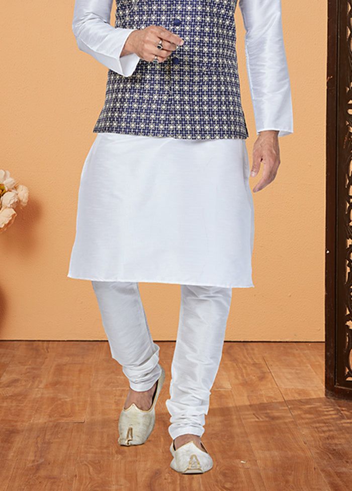 3 Pc White Silk Kurta Pajama with Jacket Set