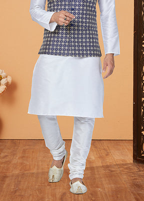 3 Pc White Silk Kurta Pajama with Jacket Set