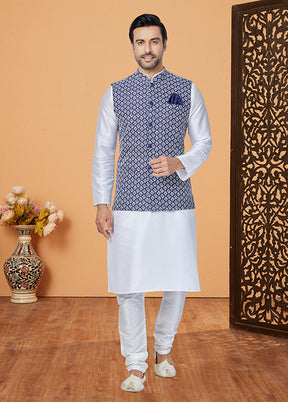 3 Pc White Silk Kurta Pajama with Jacket Set