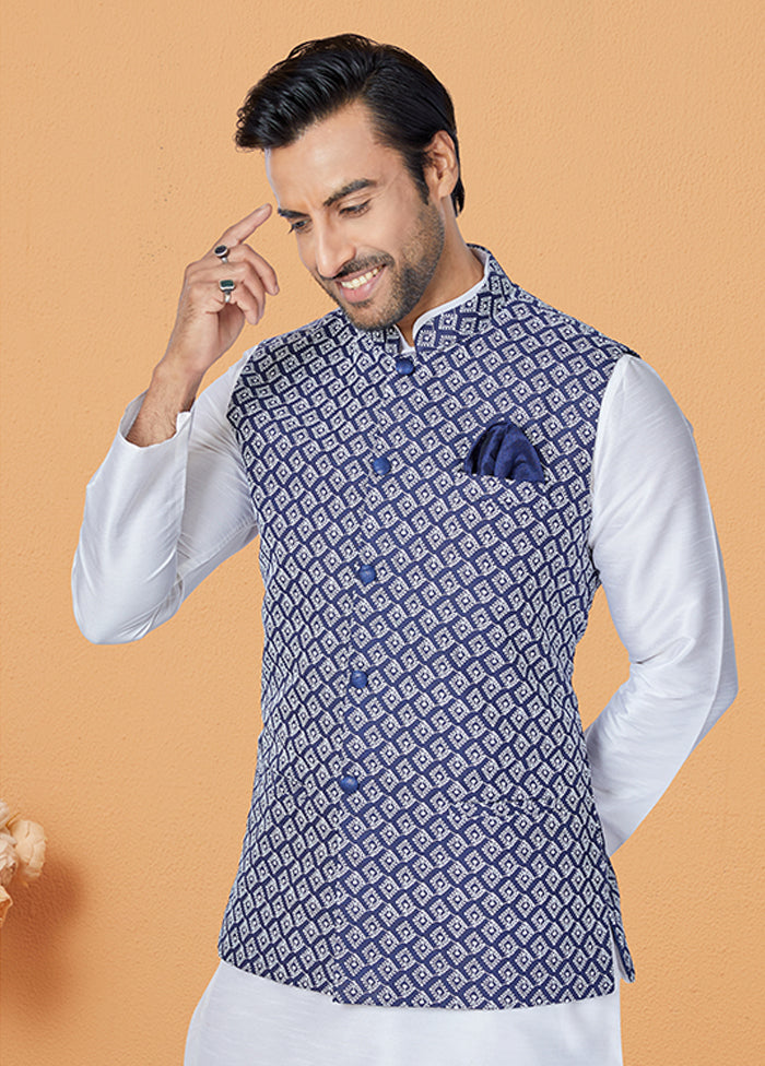3 Pc White Silk Kurta Pajama with Jacket Set