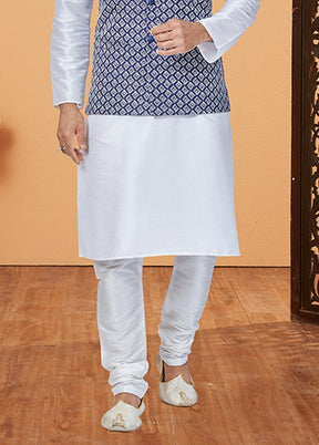 3 Pc White Silk Kurta Pajama with Jacket Set